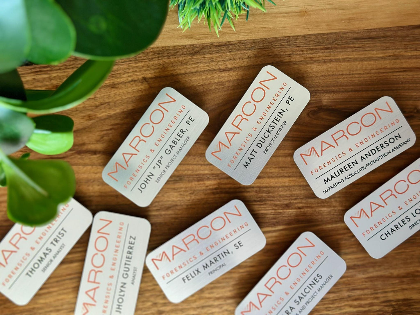 Custom Business Name Tags • Brushed Metal Acrylic Engraved Badges • Personalized Company Logo & Employee ID Tags