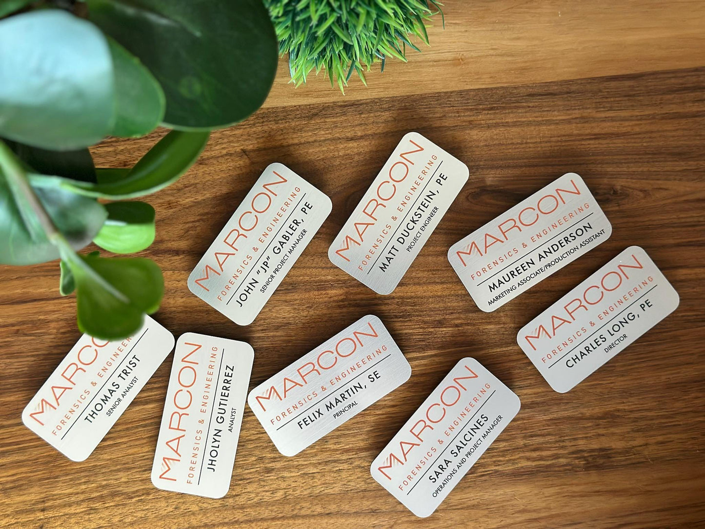 Custom Business Name Tags • Brushed Metal Acrylic Engraved Badges • Personalized Company Logo & Employee ID Tags