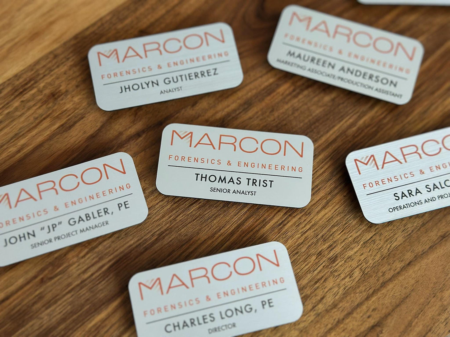 Custom Business Name Tags • Brushed Metal Acrylic Engraved Badges • Personalized Company Logo & Employee ID Tags