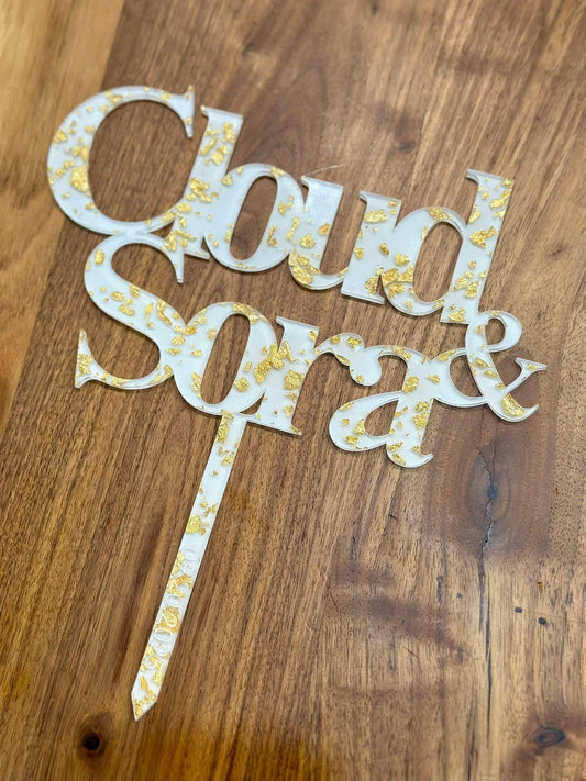 Personalized Acrylic Cake Topper & Cross | Custom Baptism Cross with Gold Flakes | Wedding, Communion, Funeral Keepsake