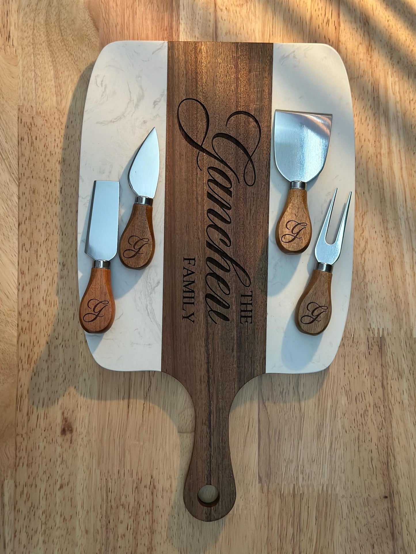 Personalized Cheese Board and Knife Set, Custom Family Name Charcuterie Board, Engraved Wood and Marble Serving Tray