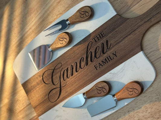 Personalized Cheese Board and Knife Set, Custom Family Name Charcuterie Board, Engraved Wood and Marble Serving Tray