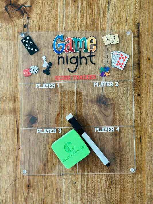 Game Night Scoreboard • Acrylic Dry Erase Score Tracker for 4 Players • Family Board Game Accessory