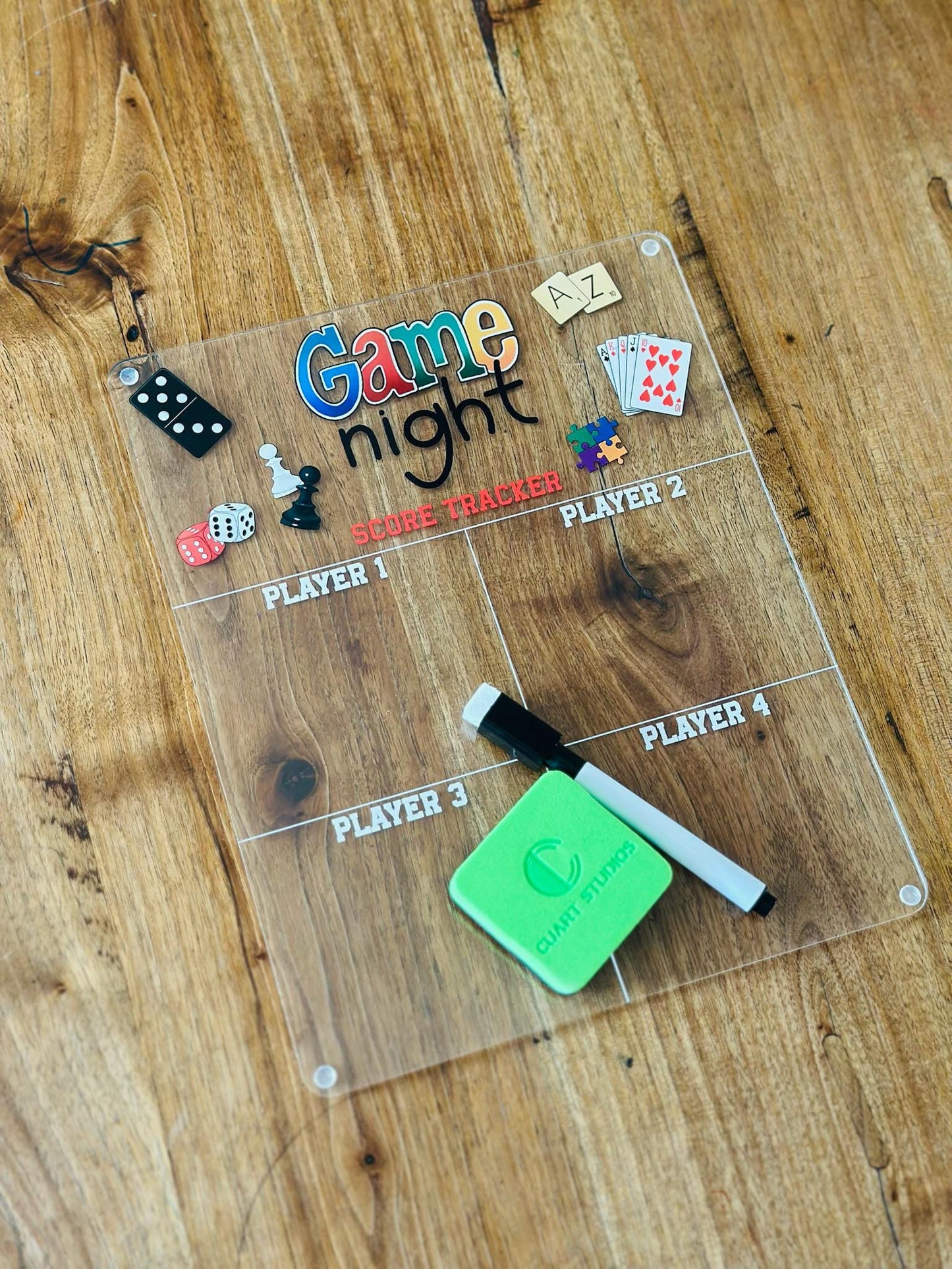 Game Night Scoreboard • Acrylic Dry Erase Score Tracker for 4 Players • Family Board Game Accessory