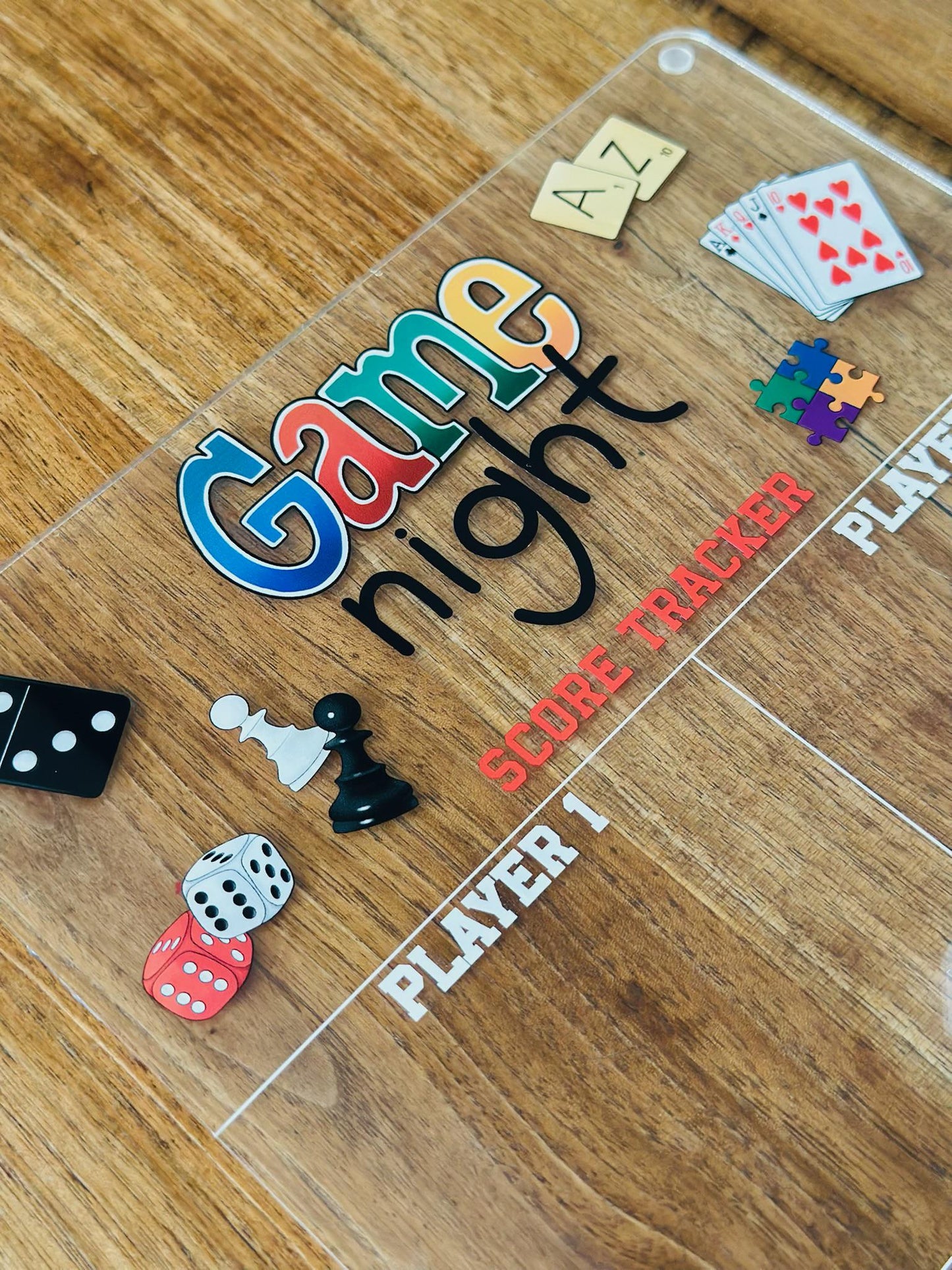 Game Night Scoreboard • Acrylic Dry Erase Score Tracker for 4 Players • Family Board Game Accessory