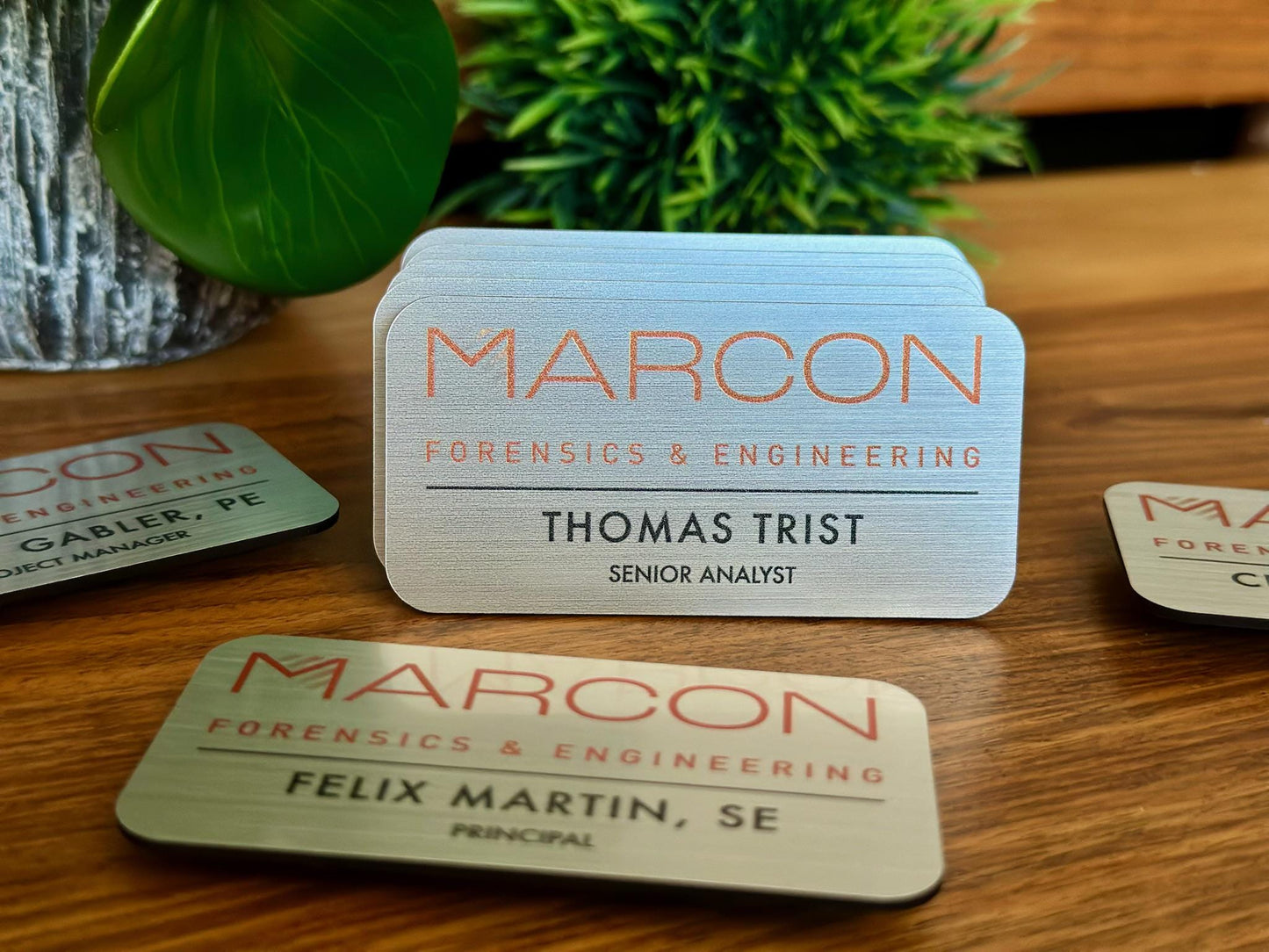 Custom Business Name Tags • Brushed Metal Acrylic Engraved Badges • Personalized Company Logo & Employee ID Tags