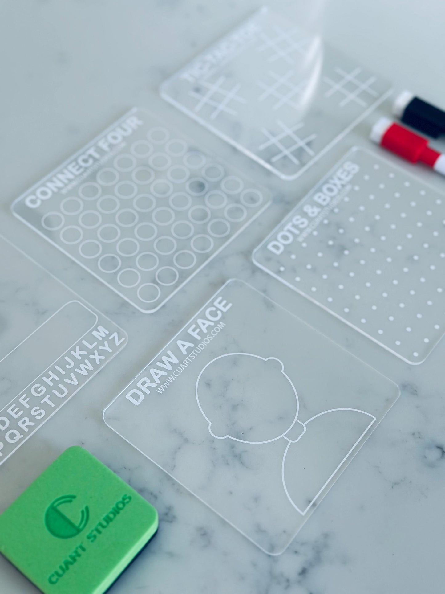 Personalized Travel Game Set | UV-Printed Reusable Acrylic Dry Erase Boards for Kids & Families