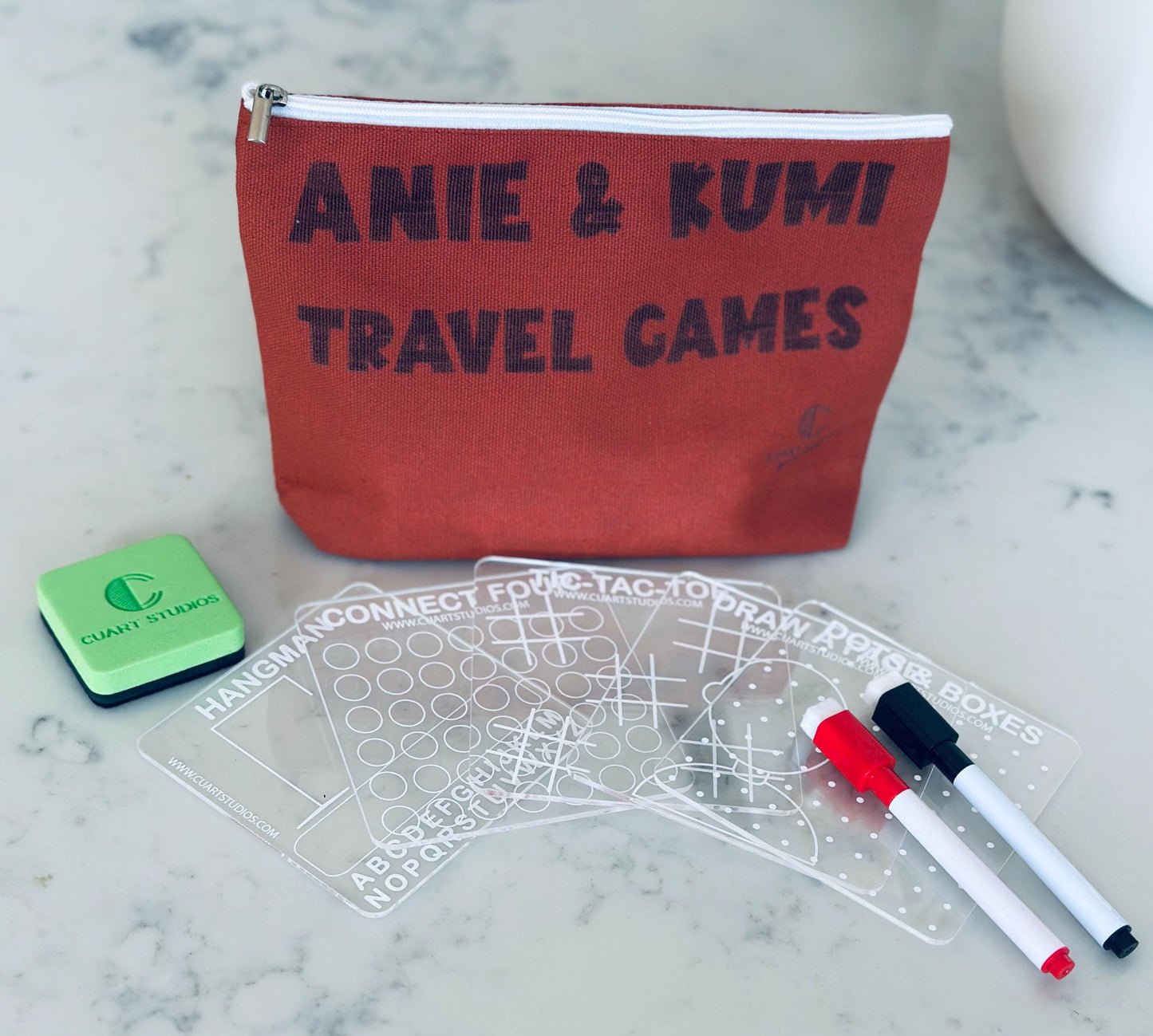 Personalized Travel Game Set | UV-Printed Reusable Acrylic Dry Erase Boards for Kids & Families