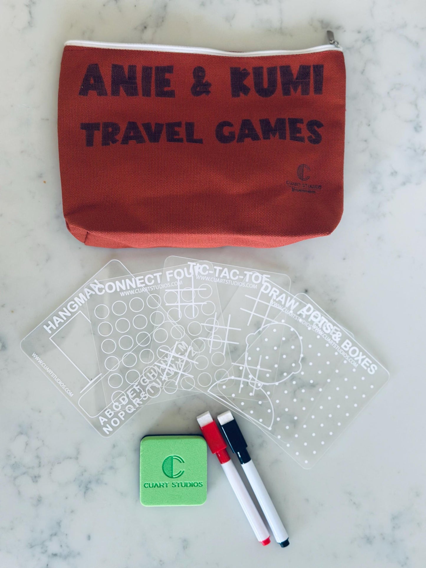 Personalized Travel Game Set | UV-Printed Reusable Acrylic Dry Erase Boards for Kids & Families