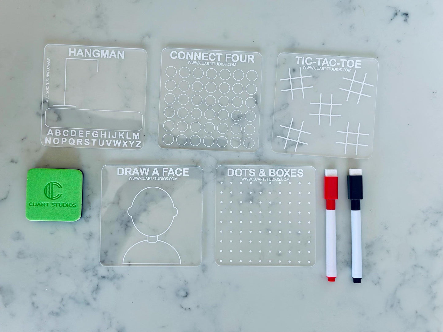 Personalized Travel Game Set | UV-Printed Reusable Acrylic Dry Erase Boards for Kids & Families