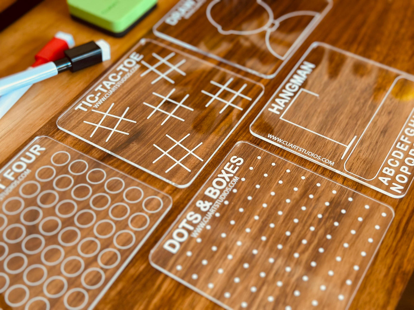 Personalized Travel Game Set | UV-Printed Reusable Acrylic Dry Erase Boards for Kids & Families