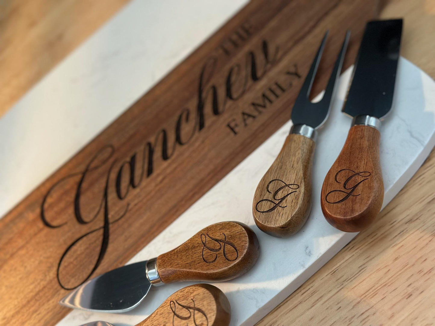 Personalized Cheese Board and Knife Set, Custom Family Name Charcuterie Board, Engraved Wood and Marble Serving Tray