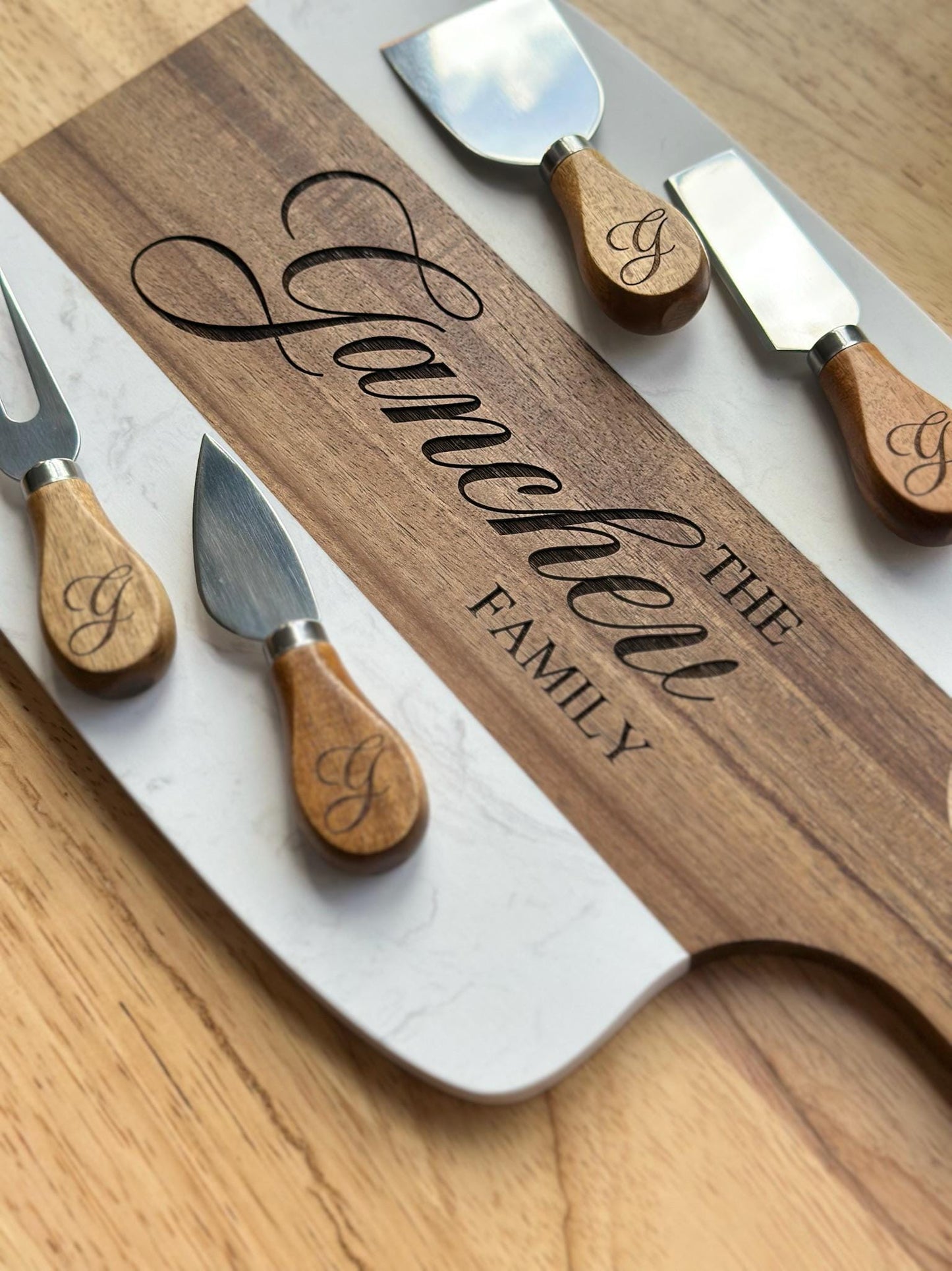 Personalized Cheese Board and Knife Set, Custom Family Name Charcuterie Board, Engraved Wood and Marble Serving Tray