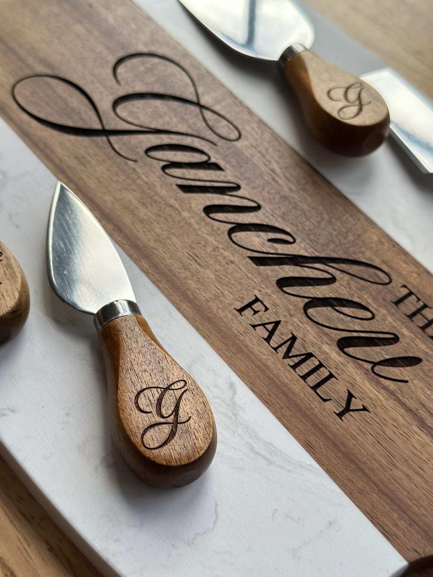 Personalized Cheese Board and Knife Set, Custom Family Name Charcuterie Board, Engraved Wood and Marble Serving Tray