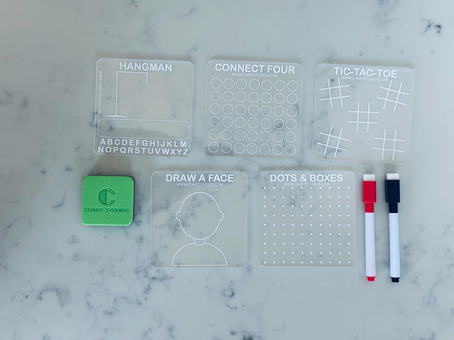 Personalized Travel Game Set | UV-Printed Reusable Acrylic Dry Erase Boards for Kids & Families