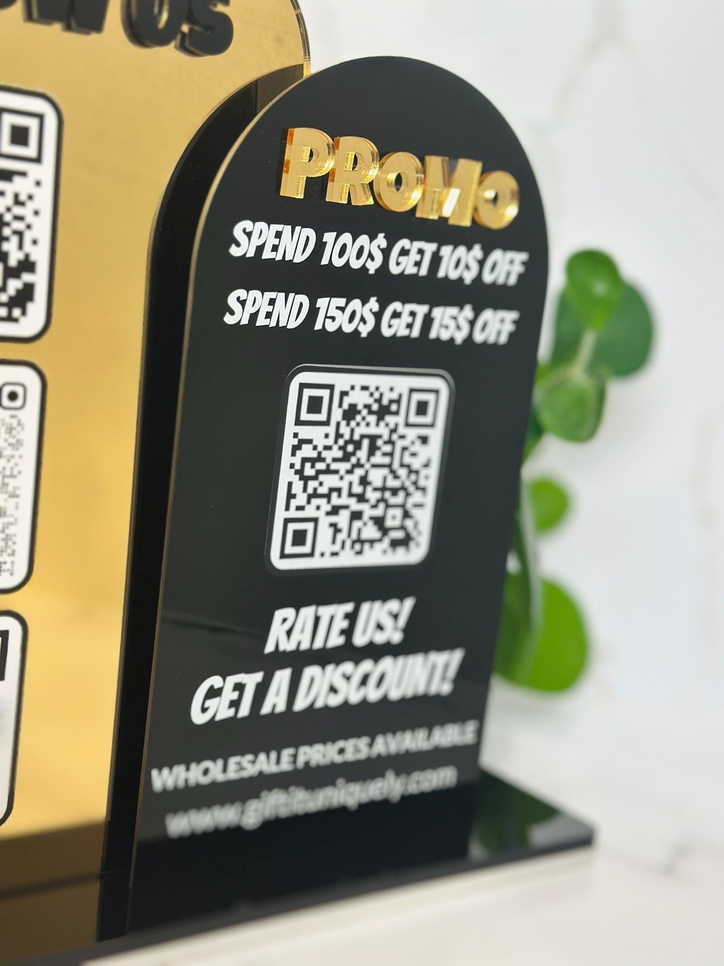 Multi QR Code Business Social Media Sign | Follow Us & Promo Display | Custom Logo Acrylic Sign | Store Counter Discount and Review Sign
