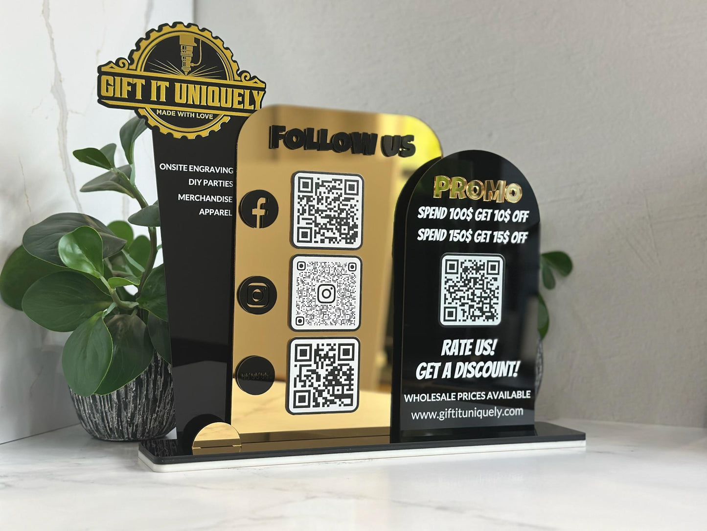 Multi QR Code Business Social Media Sign | Follow Us & Promo Display | Custom Logo Acrylic Sign | Store Counter Discount and Review Sign