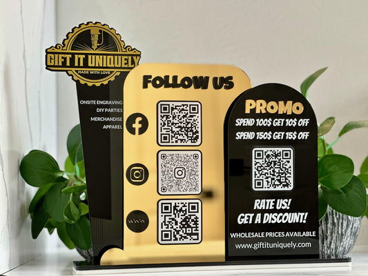 Multi QR Code Business Social Media Sign | Follow Us & Promo Display | Custom Logo Acrylic Sign | Store Counter Discount and Review Sign