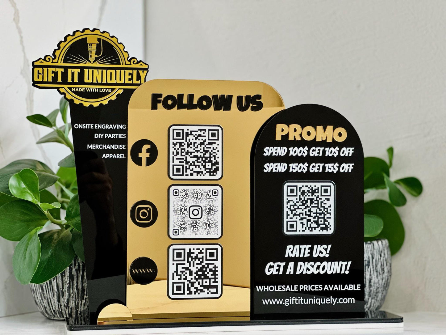 Multi QR Code Business Social Media Sign | Follow Us & Promo Display | Custom Logo Acrylic Sign | Store Counter Discount and Review Sign