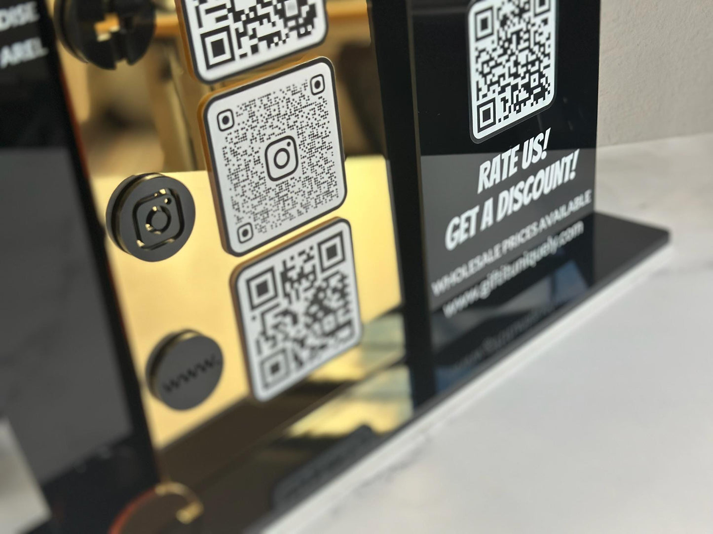 Multi QR Code Business Social Media Sign | Follow Us & Promo Display | Custom Logo Acrylic Sign | Store Counter Discount and Review Sign