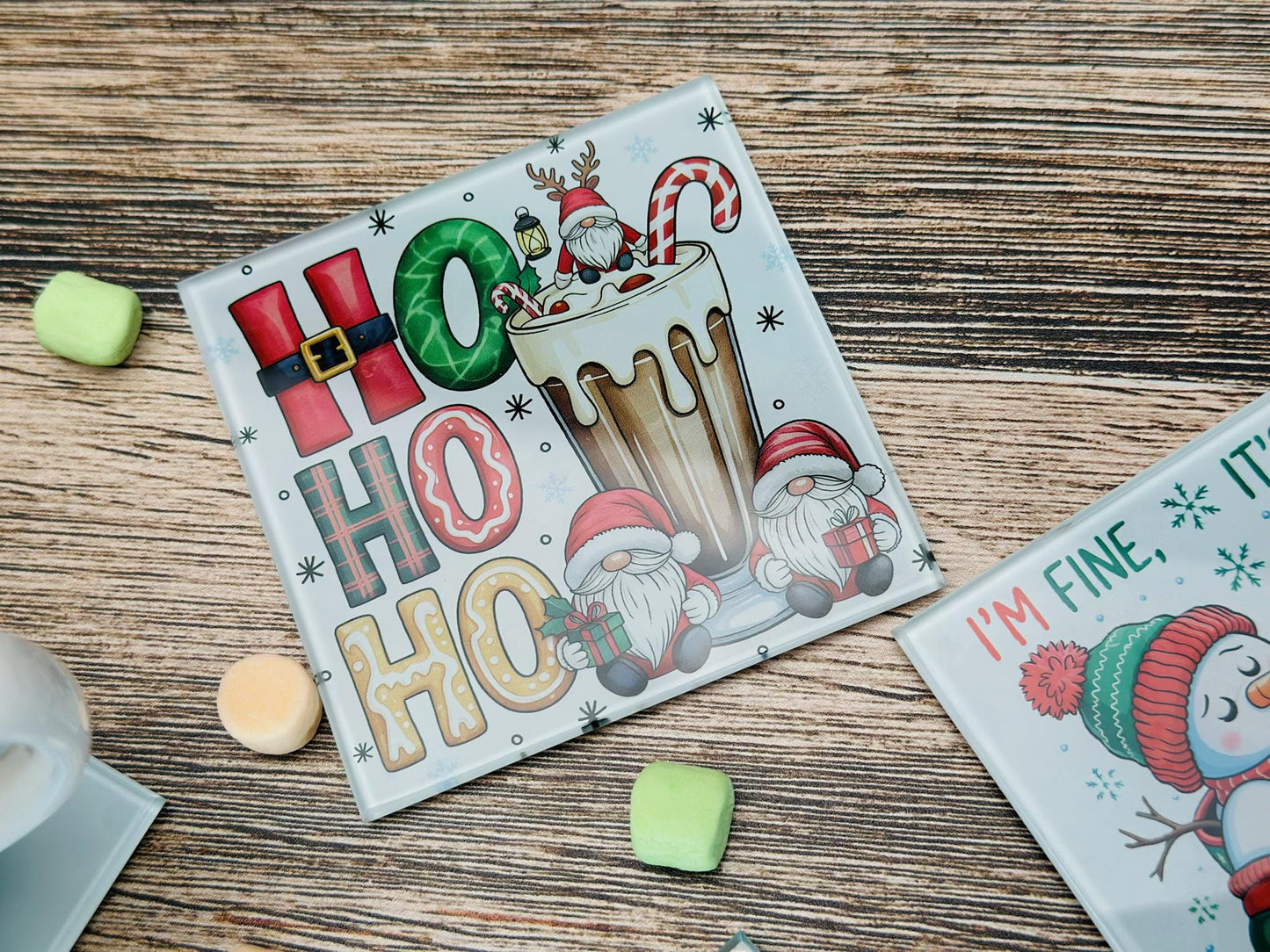 Christmas Glass Coaster Set | Funny Holiday Coasters | Merry Christmas, Gnome, Snowman & Family 2025 Designs | Festive Drink Coaster Gift