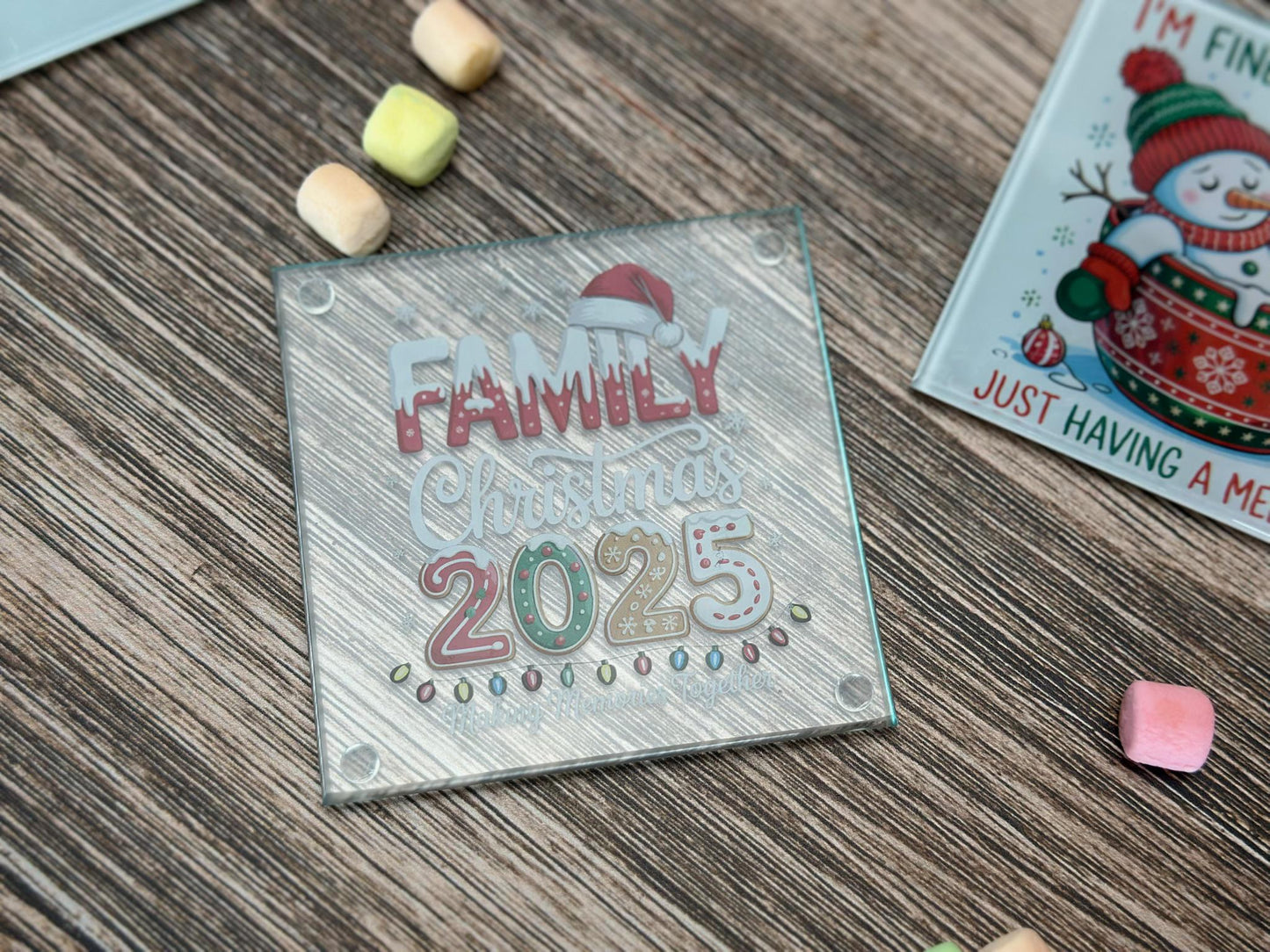 Christmas Glass Coaster Set | Funny Holiday Coasters | Merry Christmas, Gnome, Snowman & Family 2025 Designs | Festive Drink Coaster Gift