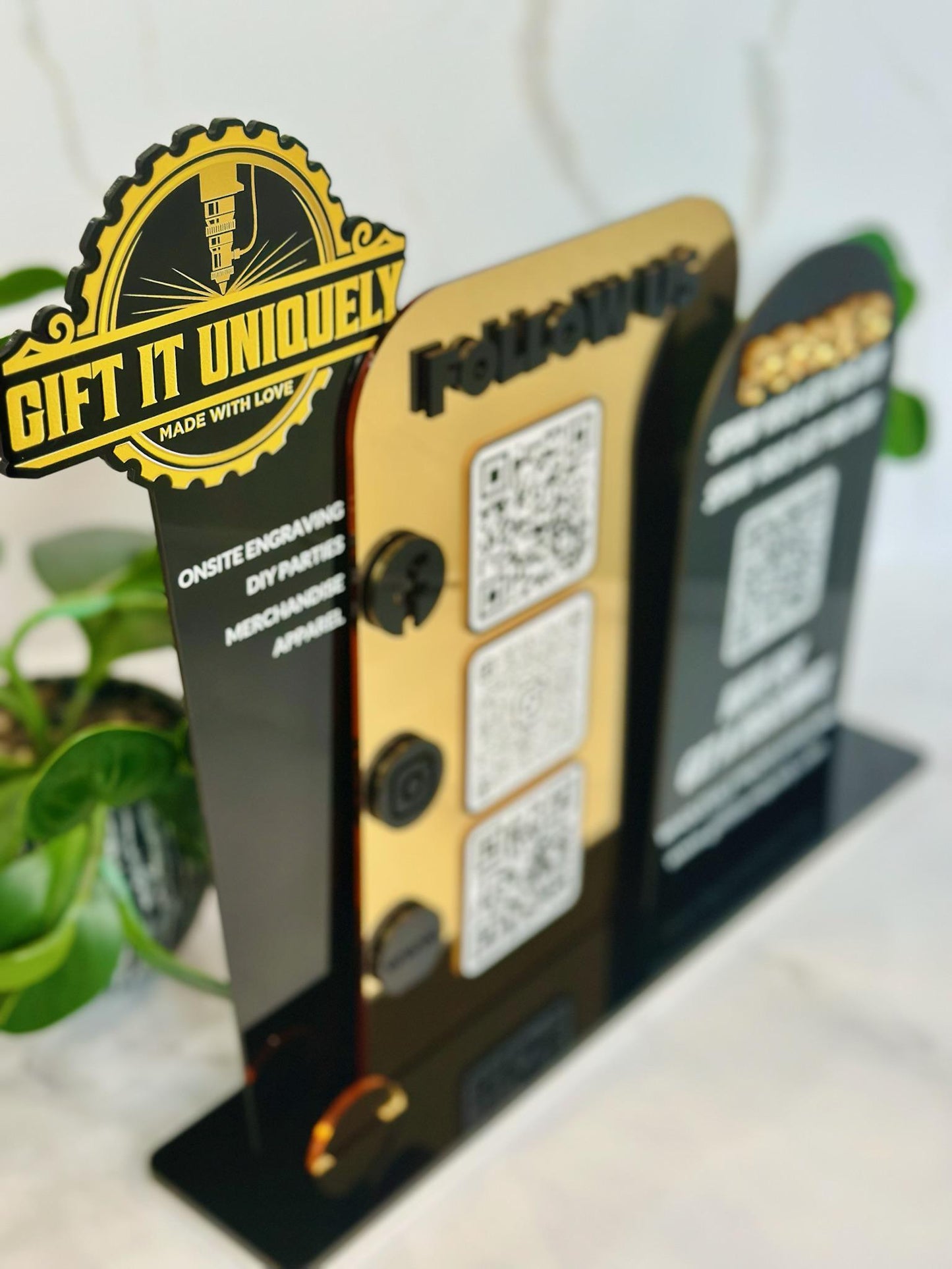 Multi QR Code Business Social Media Sign | Follow Us & Promo Display | Custom Logo Acrylic Sign | Store Counter Discount and Review Sign