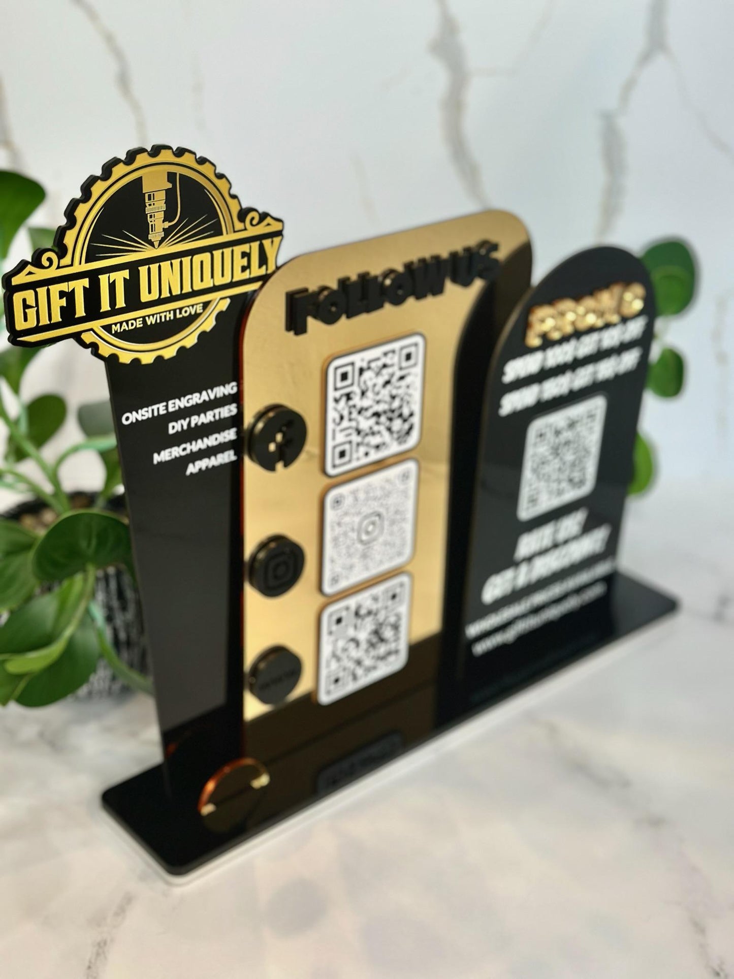 Multi QR Code Business Social Media Sign | Follow Us & Promo Display | Custom Logo Acrylic Sign | Store Counter Discount and Review Sign