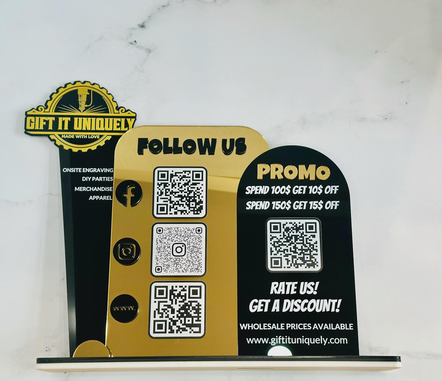 Multi QR Code Business Social Media Sign | Follow Us & Promo Display | Custom Logo Acrylic Sign | Store Counter Discount and Review Sign