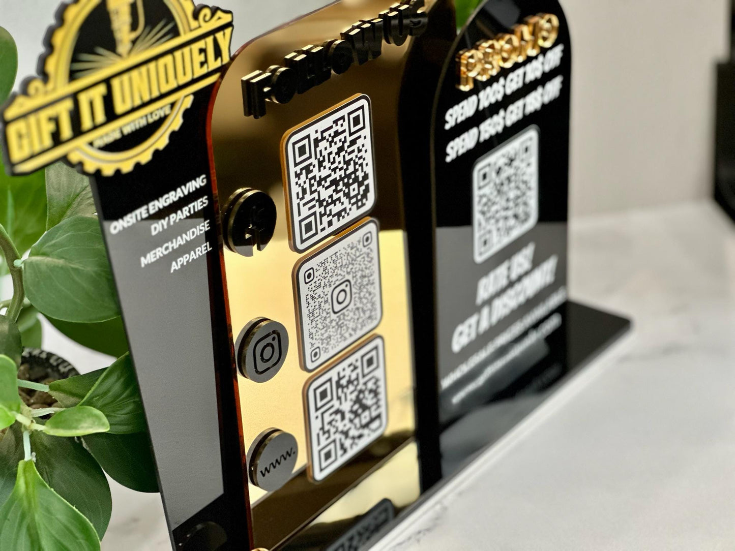 Multi QR Code Business Social Media Sign | Follow Us & Promo Display | Custom Logo Acrylic Sign | Store Counter Discount and Review Sign