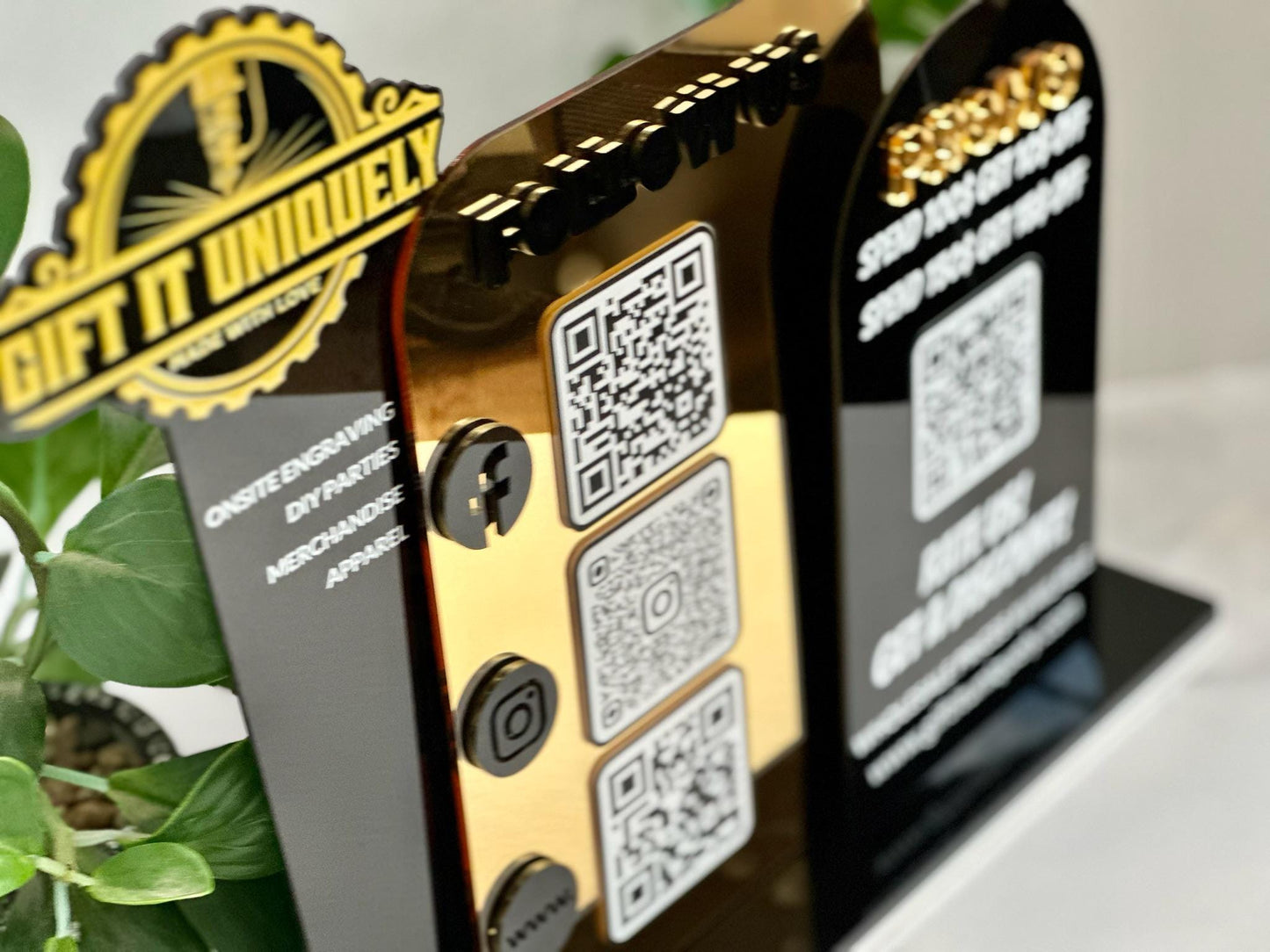 Multi QR Code Business Social Media Sign | Follow Us & Promo Display | Custom Logo Acrylic Sign | Store Counter Discount and Review Sign