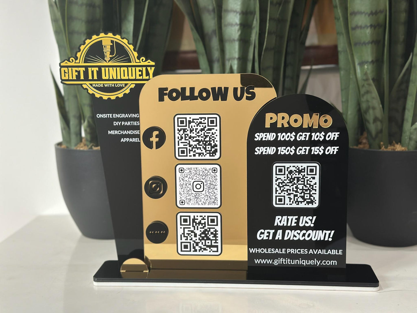 Multi QR Code Business Social Media Sign | Follow Us & Promo Display | Custom Logo Acrylic Sign | Store Counter Discount and Review Sign