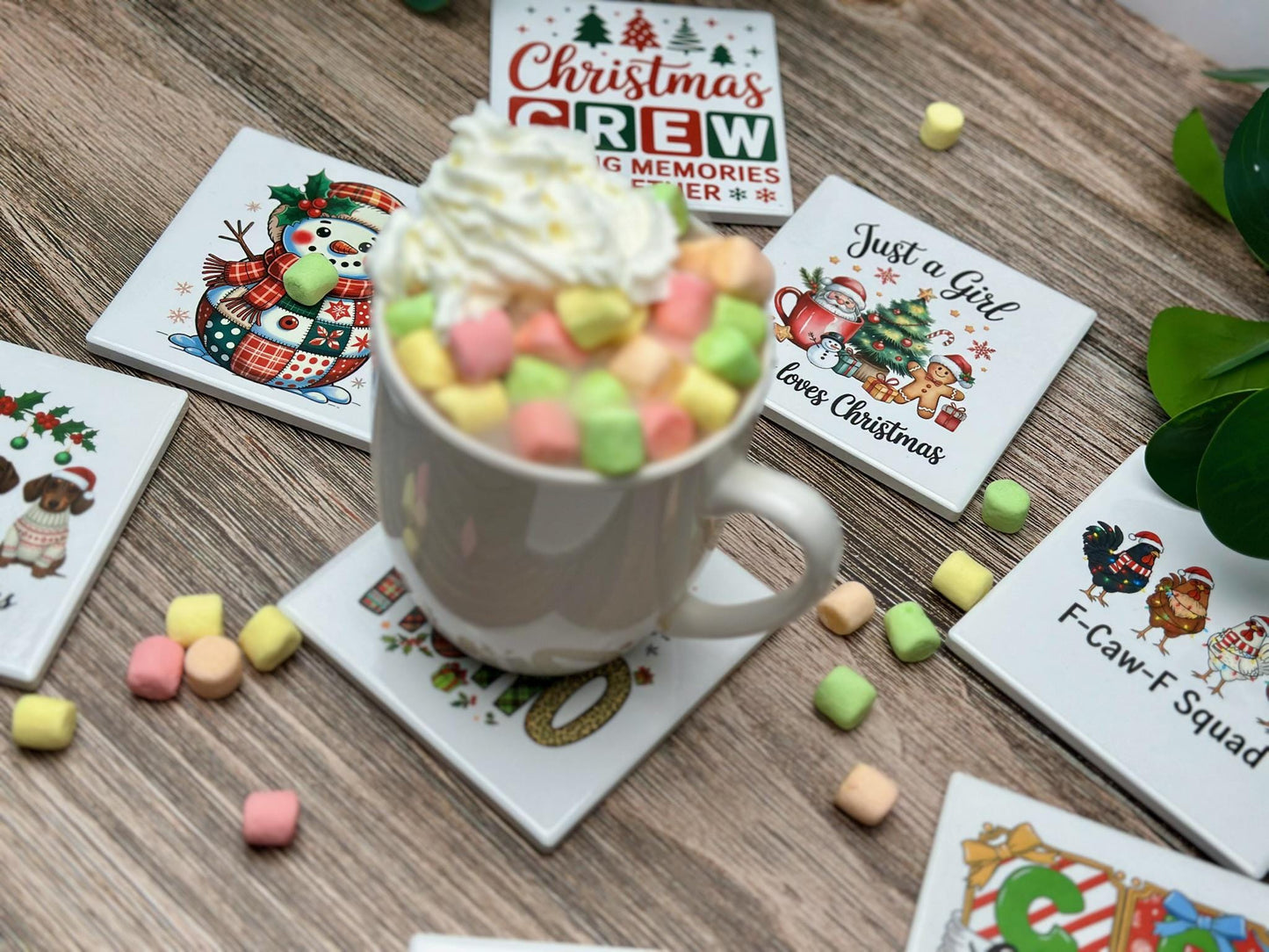 Christmas Ceramic Coaster Set | Funny & Festive Holiday Drink Coasters | Gift for Home Decor, Secret Santa, or Holiday Parties