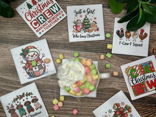 Christmas Ceramic Coaster Set | Funny & Festive Holiday Drink Coasters | Gift for Home Decor, Secret Santa, or Holiday Parties