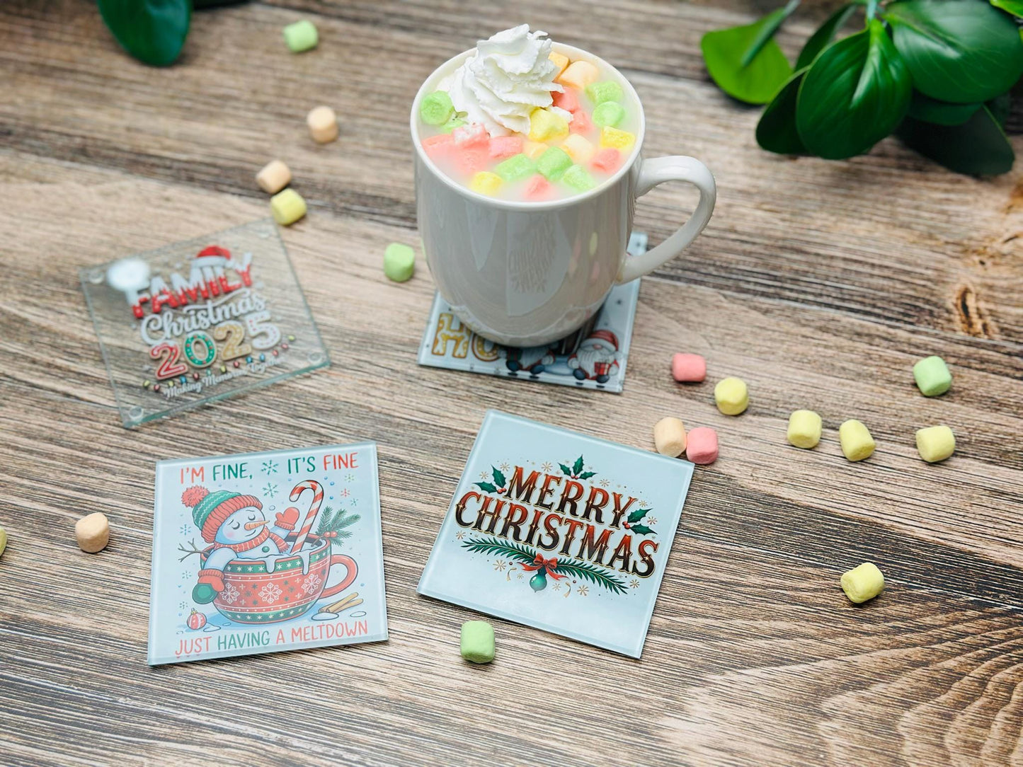 Christmas Glass Coaster Set | Funny Holiday Coasters | Merry Christmas, Gnome, Snowman & Family 2025 Designs | Festive Drink Coaster Gift