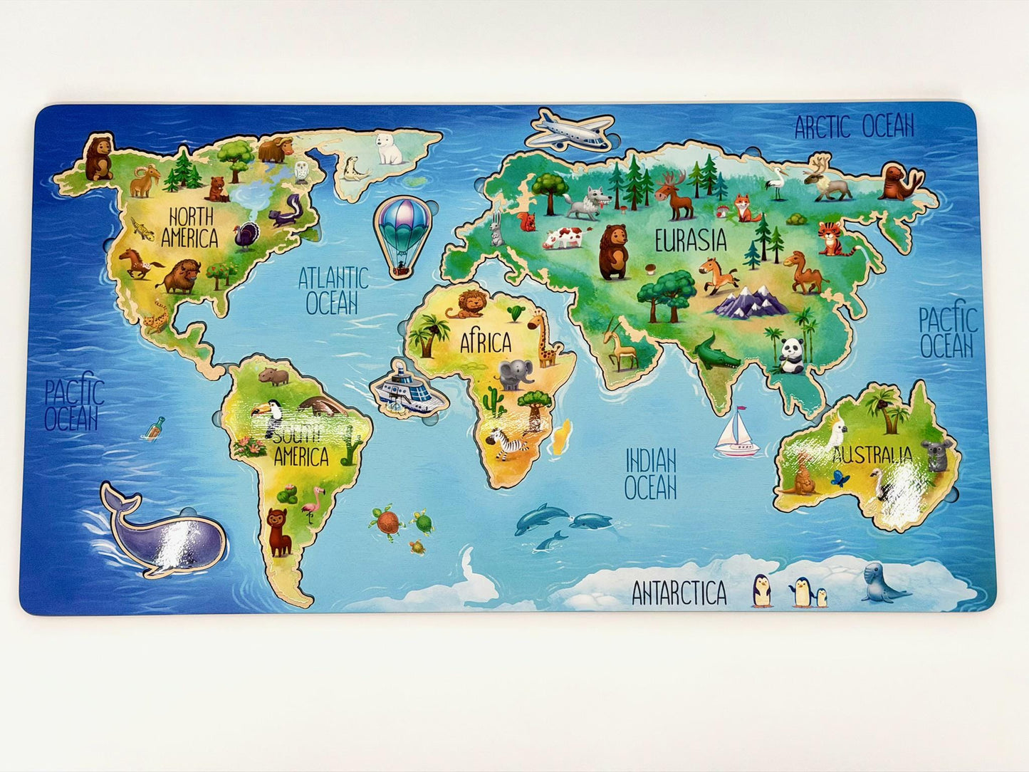 Wooden World Map Puzzle | Kids Animal Geography Board, Montessori Learning Toy