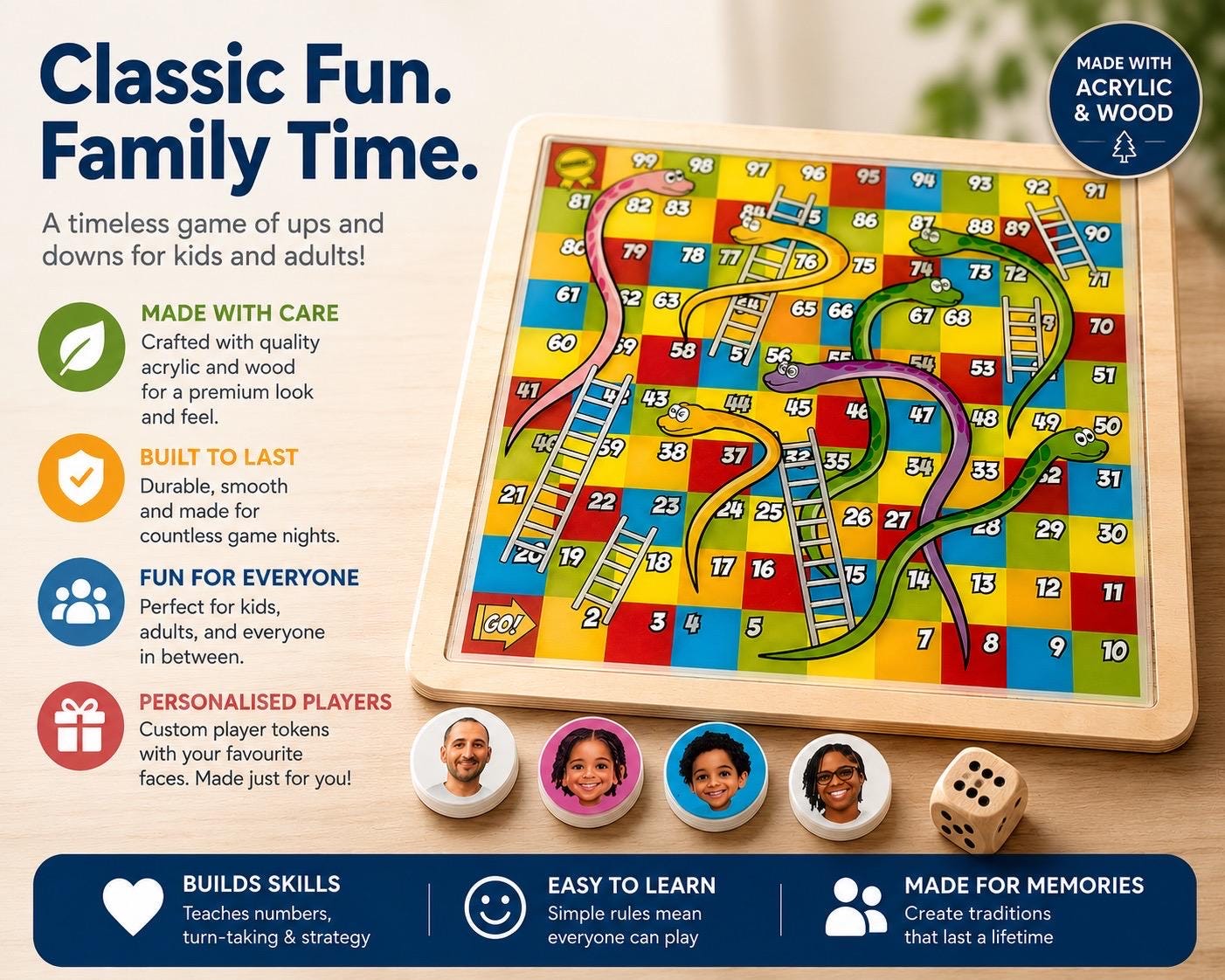Personalized Snakes and Ladders Wooden Board Game with Custom Photo Pieces