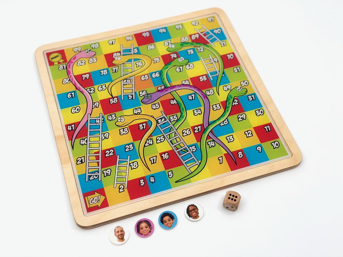 Personalized Snakes and Ladders Wooden Board Game with Custom Photo Pieces
