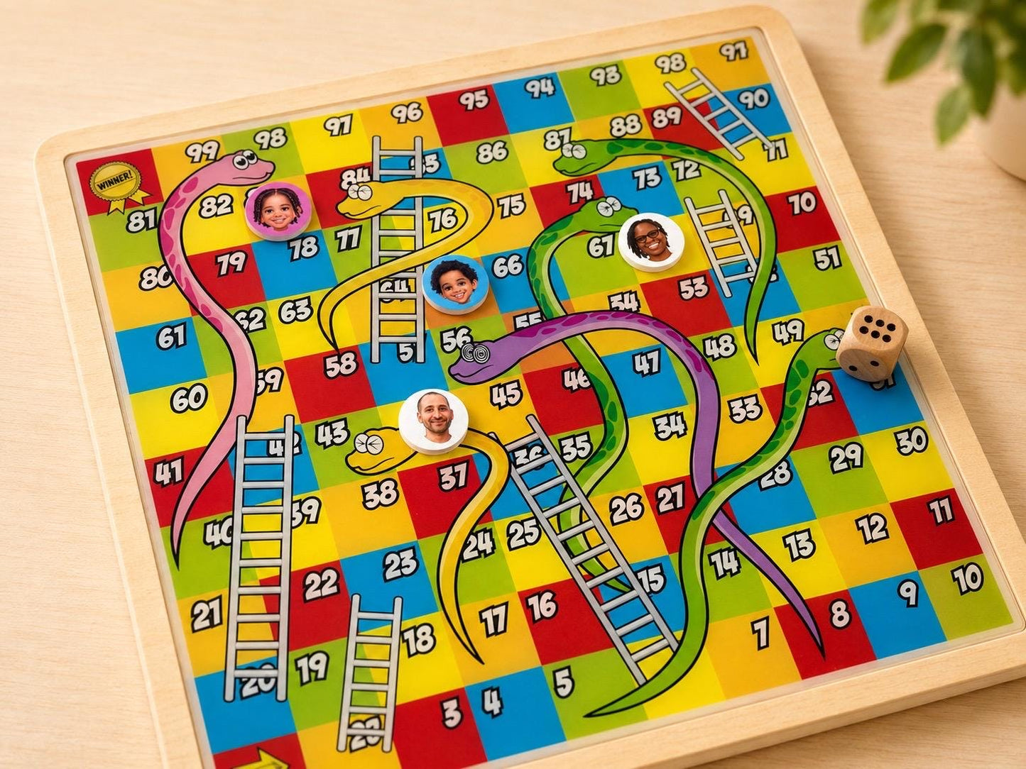 Personalized Snakes and Ladders Wooden Board Game with Custom Photo Pieces