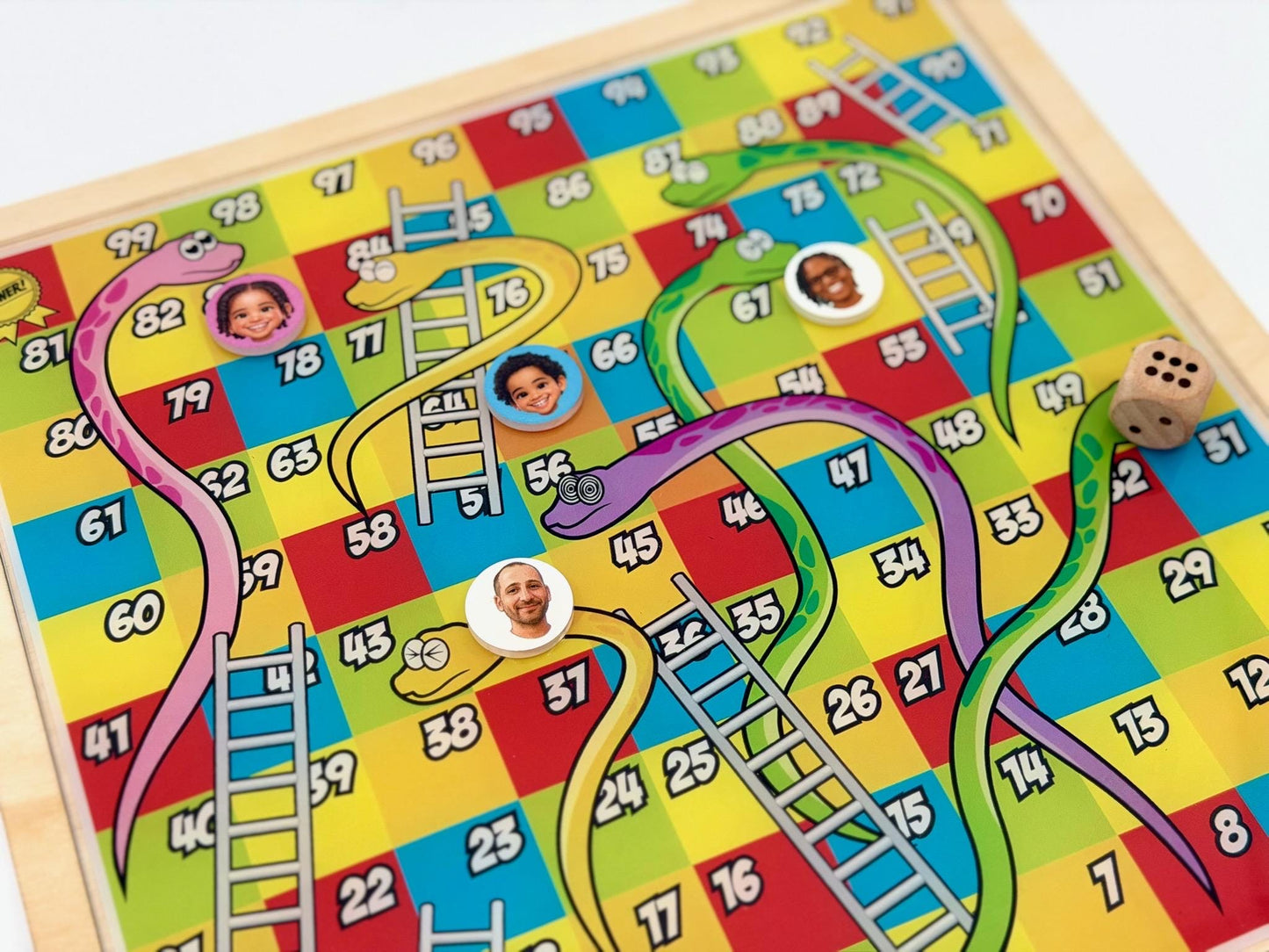 Personalized Snakes and Ladders Wooden Board Game with Custom Photo Pieces