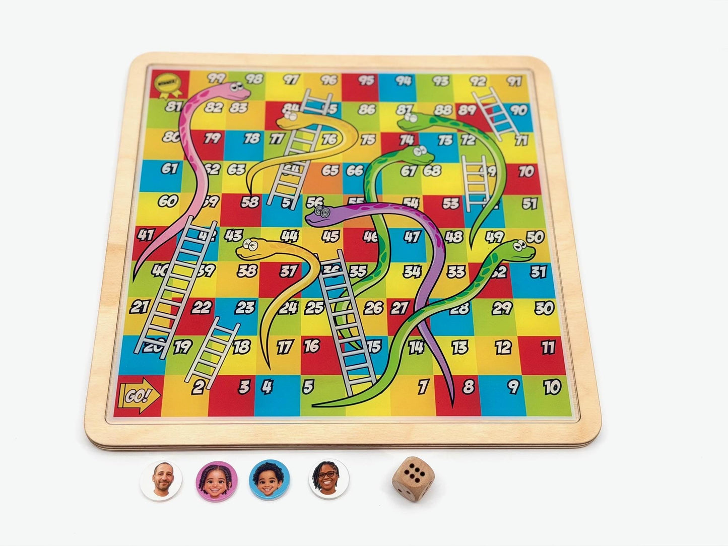 Personalized Snakes and Ladders Wooden Board Game with Custom Photo Pieces